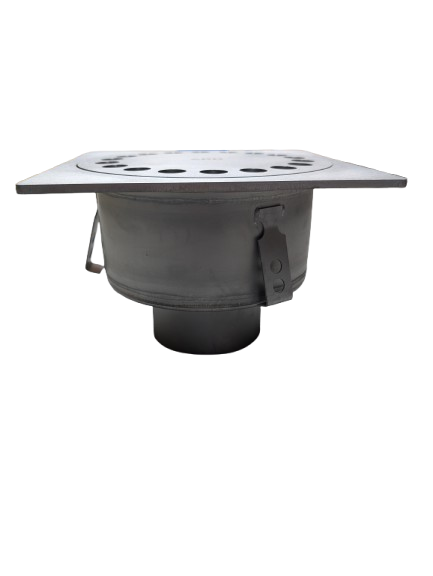 Siphon aus Edelstahl 30x30 L15 mit Korb H=116mm Vertikaler Abgang Ø 110mm