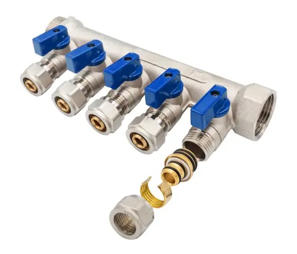 Verteiler mit Durchgangsventil 1" 5x16 blau
